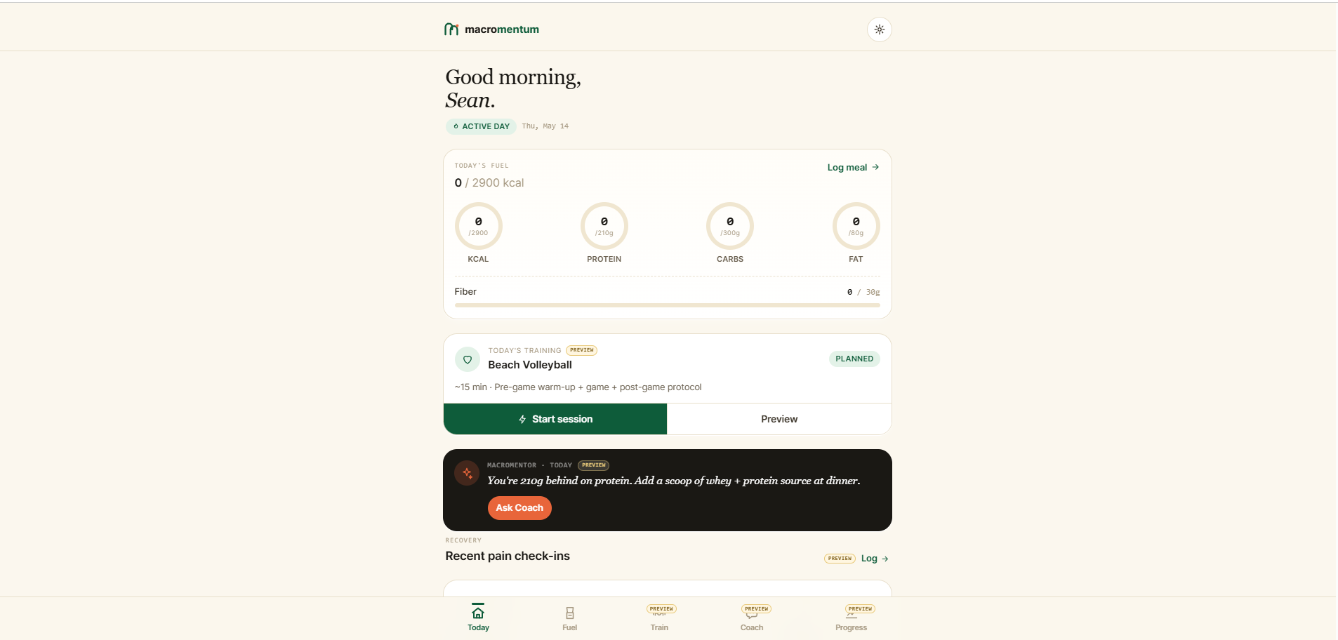 Macromentum real-time macro dashboard showing daily nutrition totals