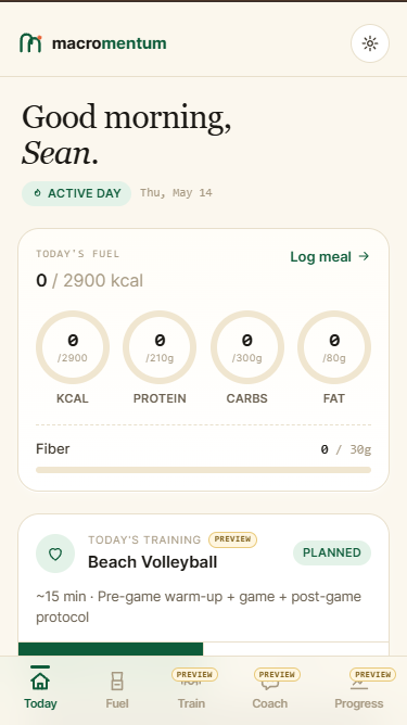 Macromentum mobile view showing PWA installable design with safe-area CSS